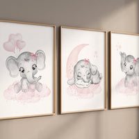 Nursery wall art girl elephant, pink and grey, nursery decor girl pink, moon, stars, nursery prints, baby room decor, girl nursery, animals