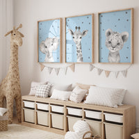 Nursery decor elephant and giraffe, blue nursery, safari animals, animal nursery prints, blue nursery, woodland animal prints, boys nursery
