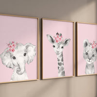 Girl nursery decor, Nursery wall art animals, Safari animals, Floral Nursery Prints, pink nursery, girls nursery decor, elephant nursery