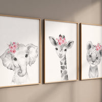 Girl nursery decor, Nursery wall art animals, Safari animals, Floral Nursery Prints, pink nursery, girls nursery decor, elephant nursery