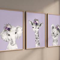Purple nursery, girl nursery decor, animal nursery, Safari animals, purple Nursery Prints, elephant nursery, giraffe nursery, bear nursery