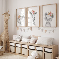 Girl nursery decor, Nursery wall art animals, Safari animals, Floral Nursery Prints, pink nursery, girls nursery decor, elephant nursery