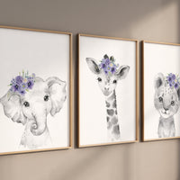 Purple nursery, girl nursery, animal nursery, Safari animals, Floral Nursery Prints, purple nursery, girls nursery decor, elephant nursery