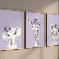 Purple nursery, girl nursery decor, animal nursery, Safari animals, purple Nursery Prints, elephant nursery, giraffe nursery, bear nursery