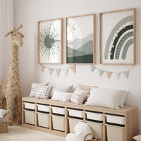 Boho Nursery, rainbow nursery, sage green and gold nursery, Mid Century Print, Nursery decor gender neutral, moon nursery, Abstract Art, sun