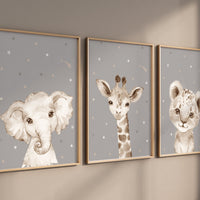 Nursery decor elephant and giraffe, animal nursery prints, grey nursery, neutral nursery, baby room wall art, woodland animals, gray nursery