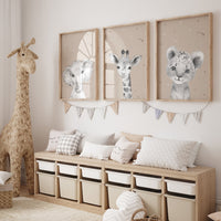 Nursery decor elephant and giraffe, animal nursery prints, grey nursery, neutral nursery, baby room wall art, woodland animals, gray nursery