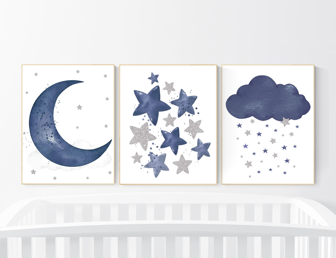 Navy nursery decor, cloud and stars, moon and stars, navy silver nursery art. baby room wall art, boy nursery decor, set of 3, nursery art