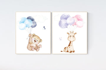 Balloon nursery, pink and purple, blue and navy, animal prints, bear nursery, giraffe nursery, balloon nursery, twin nursery