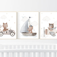 Nursery decor bear, gender neutral nursery, travel nursery, plane nursery, car nursery, bear nursery print, teddy bear decor, grey nursery