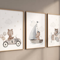 Nursery decor bear, gender neutral nursery, travel nursery, plane nursery, car nursery, bear nursery print, teddy bear decor, grey nursery