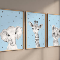 Nursery decor elephant and giraffe, blue nursery, safari animals, animal nursery prints, blue nursery, woodland animal prints, boys nursery
