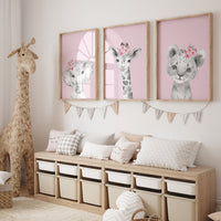 Girl nursery decor, Nursery wall art animals, Safari animals, Floral Nursery Prints, pink nursery, girls nursery decor, elephant nursery