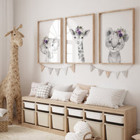 Purple nursery, girl nursery, animal nursery, Safari animals, Floral Nursery Prints, purple nursery, girls nursery decor, elephant nursery