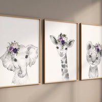 Purple nursery, girl nursery, animal nursery, Safari animals, Floral Nursery Prints, purple nursery, girls nursery decor, elephant nursery
