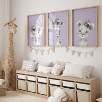 Purple nursery, girl nursery decor, animal nursery, Safari animals, purple Nursery Prints, elephant nursery, giraffe nursery, bear nursery