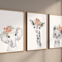 Girl nursery decor, Nursery wall art animals, Safari animals, Floral Nursery Prints, pink nursery, girls nursery decor, elephant nursery