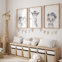 Purple nursery, girl nursery, animal nursery, Safari animals, Floral Nursery Prints, purple nursery, girls nursery decor, elephant nursery
