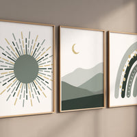 Boho Nursery, rainbow nursery, sage green and gold nursery, Mid Century Print, Nursery decor gender neutral, moon nursery, Abstract Art, sun