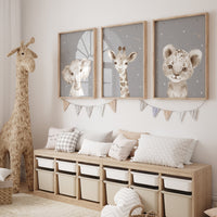 Nursery decor elephant and giraffe, animal nursery prints, grey nursery, neutral nursery, baby room wall art, woodland animals, gray nursery