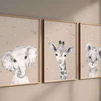 Nursery decor elephant and giraffe, animal nursery prints, grey nursery, neutral nursery, baby room wall art, woodland animals, gray nursery