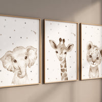 Nursery decor elephant and giraffe, animal nursery prints, grey nursery, neutral nursery, baby room wall art, woodland animals, gray nursery