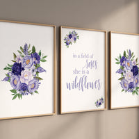 Purple flower nursery decor, Nursery decor girl purple, in a field of roses she is a wildflower, lavender nursery, lilac nursery, girls room