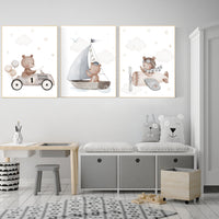 Nursery decor bear, gender neutral nursery, travel nursery, plane nursery, car nursery, bear nursery print, teddy bear decor, grey nursery
