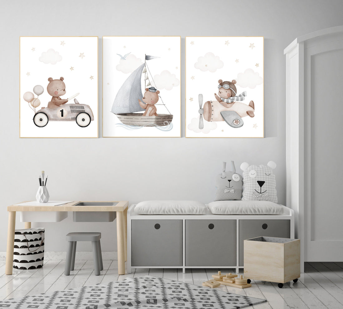 Nursery decor bear, gender neutral nursery, travel nursery, plane nursery, car nursery, bear nursery print, teddy bear decor, grey nursery
