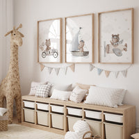 Nursery decor bear, gender neutral nursery, travel nursery, plane nursery, car nursery, bear nursery print, teddy bear decor, grey nursery