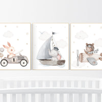 Nursery wall art animals, grey nursery, gender neutral, neutral nursery, bear nursery, elephant nursery, rabbit nursery, travel nursery