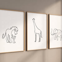 Nursery wall art animals, line art, animal nursery, gender neutral nursery, neutral nursery, baby room decor, lion, elephant, giraffe
