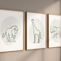Nursery wall art animals, line art, animal nursery, gender neutral nursery, neutral nursery, sage nursery, lion, elephant, giraffe