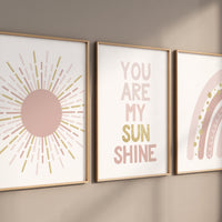Nursery prints rainbow, boho nursery, blush and gold, you are my sunshine, rainbow nursery, boho prints, girl nursery prints, blush gold