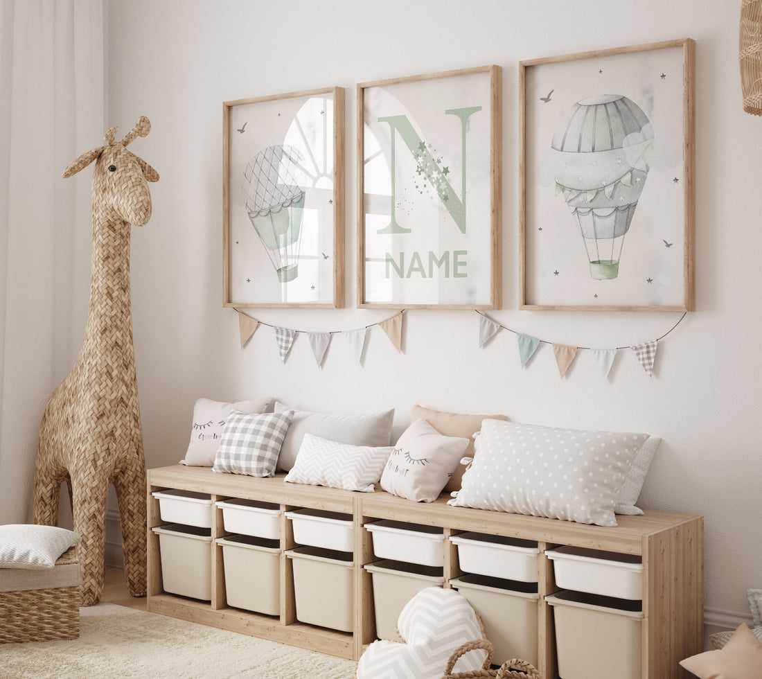 Nursery decor gender neutral, sage green, hot air balloon, green nursery, baby room decor, nursery prints, travel theme nursery, adventure