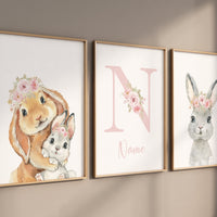 Rabbit nursery, girl nursery, mother and baby rabbit, bunny nursery, floral nursery, rabbit prints, pink nursery, flower nursery