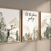 Nursery decor woodland, mountain wall art, tree nursery decor, adventure theme nursery, forest, sage green, beige, woodland animals