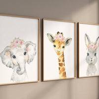 Safari Animals, girl nursery, Animals Prints, Woodland Nursery Decor, Safari Nursery Wall Art, floral animal prints, Pink Safari Animals