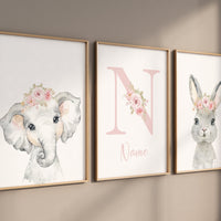 Safari Animals, girl nursery, Animals Prints, Woodland Nursery, elephant nursery, rabbit nursery, floral animal prints, Pink Safari Animals