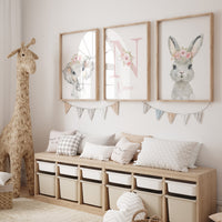 Safari Animals, girl nursery, Animals Prints, Woodland Nursery, elephant nursery, rabbit nursery, floral animal prints, Pink Safari Animals