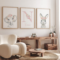Safari Animals, girl nursery, Animals Prints, Woodland Nursery, elephant nursery, rabbit nursery, floral animal prints, Pink Safari Animals