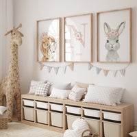 Rabbit nursery, girl nursery, mother and baby rabbit, bunny nursery, floral nursery, rabbit prints, pink nursery, flower nursery