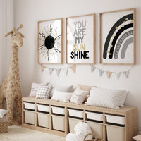 Boho Nursery, rainbow nursery, black and gold, black gold, gender neutral, moon nursery, Abstract Art, sun nursery, Mid Century Print