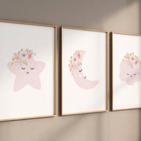 Moon nursery decor, baby pink nursery, flower nursery, nursery decor girl, star print, cloud print, girls room decor, pink nursery
