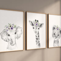 Safari Animals, girl nursery, Animals Prints, Woodland Nursery Decor, Safari Nursery Wall Art, floral animal prints, purple nursery