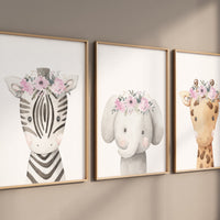 Safari Animals, girl nursery, Animals Prints, Woodland Nursery Decor, Safari Nursery Wall Art, floral animal prints, Pink Safari Animals