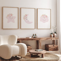 Moon nursery decor, baby pink nursery, flower nursery, nursery decor girl, star print, cloud print, girls room decor, pink nursery