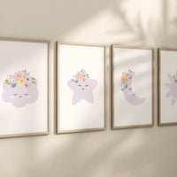 Purple nursery, Moon wall art, Moon nursery decor, flower nursery, nursery decor girl, lilac nursery, cloud print, girls room decor, floral