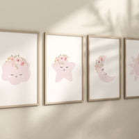 Moon nursery decor, baby pink nursery, flower nursery, nursery decor girl, star print, cloud print, girls room decor, pink nursery