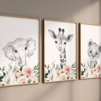 Safari Animals, girl nursery, Animals Prints, Woodland Nursery Decor, Safari Nursery Wall Art, floral animal prints, coral nursery